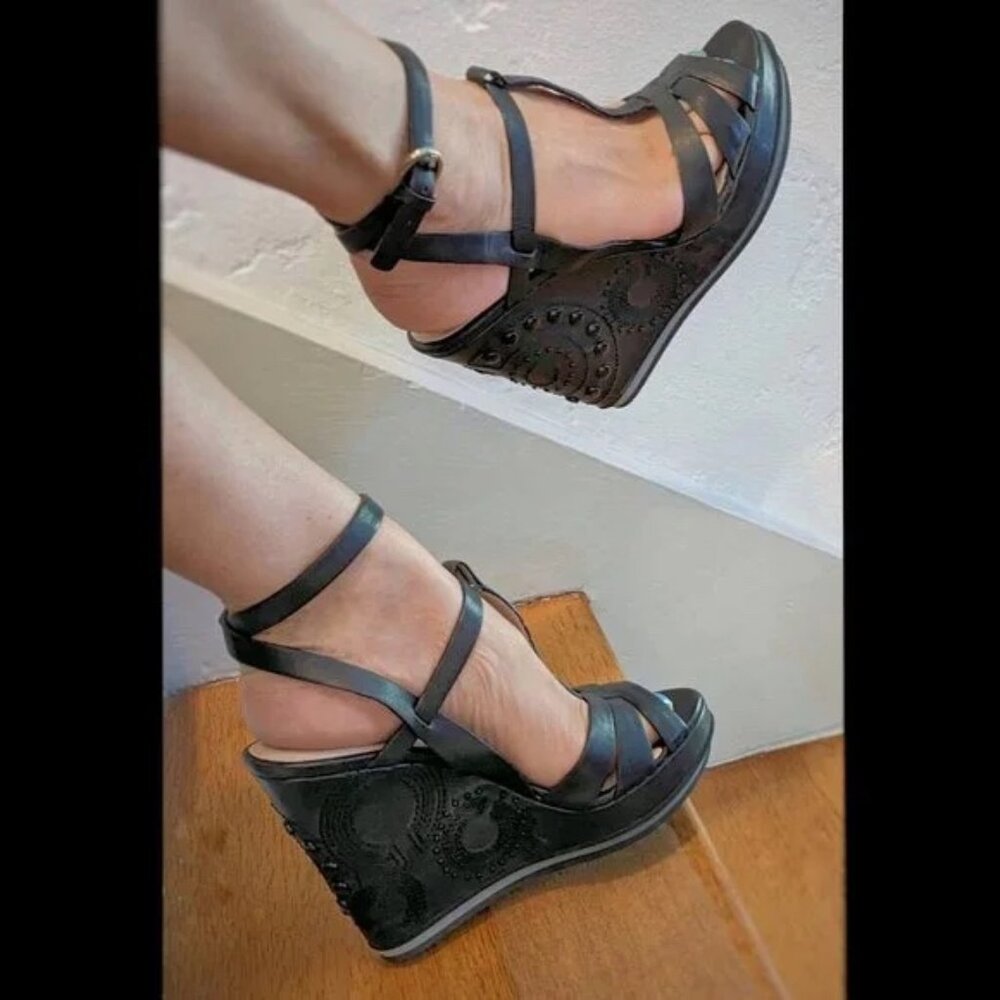 COACH Catalina Black Leather Embellished Studded Wedge Ankle Strap Sandal Sz 7.5